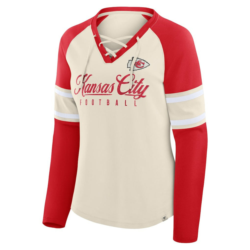 Kansas City Chiefs Women's Hometown Gridiron Hero Raglan Lace-Up V-Neck Long Sleeve T-Shirt Cream/Red - Fanatics