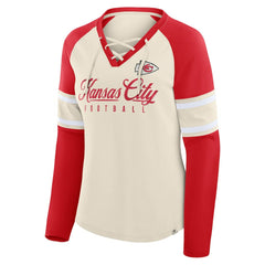 Kansas City Chiefs Women's Hometown Gridiron Hero Raglan Lace-Up V-Neck Long Sleeve T-Shirt Cream/Red - Fanatics