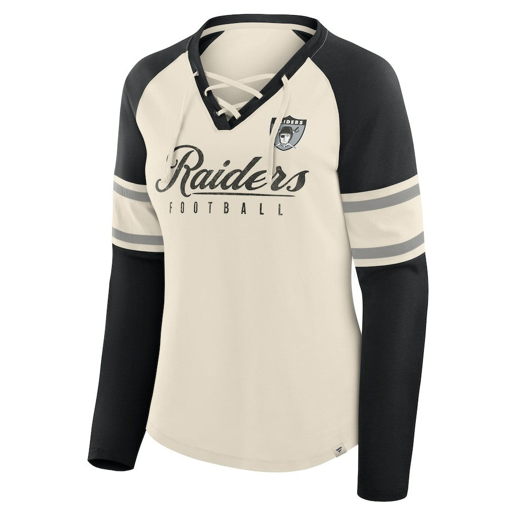 Las Vegas Raiders Women's Hometown Gridiron Hero Raglan Lace-Up V-Neck Long Sleeve T-Shirt Cream/Black - Fanatics
