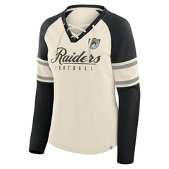 Las Vegas Raiders Women's Hometown Gridiron Hero Raglan Lace-Up V-Neck Long Sleeve T-Shirt Cream/Black - Fanatics