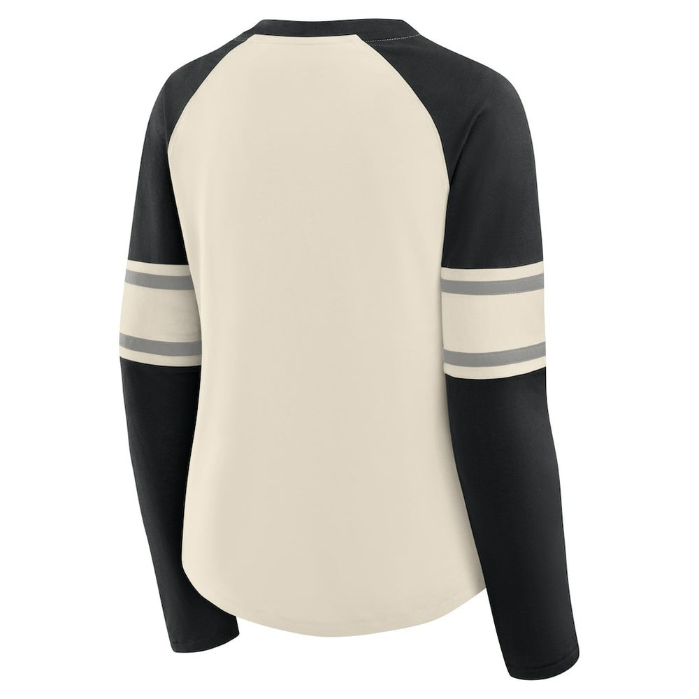 Las Vegas Raiders Women's Hometown Gridiron Hero Raglan Lace-Up V-Neck Long Sleeve T-Shirt Cream/Black - Fanatics