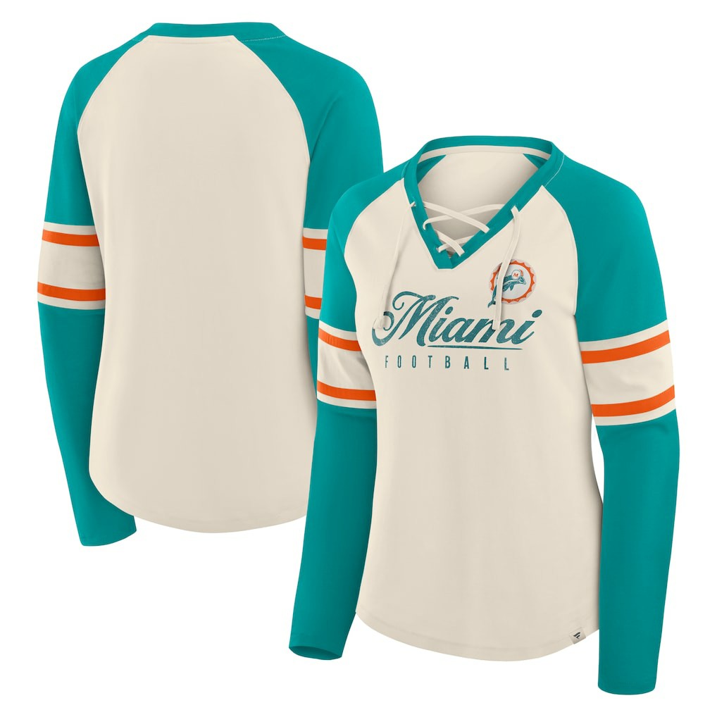 Miami Dolphins Women's Hometown Gridiron Hero Raglan Lace-Up V-Neck Long Sleeve T-Shirt Cream/Aqua - Fanatics