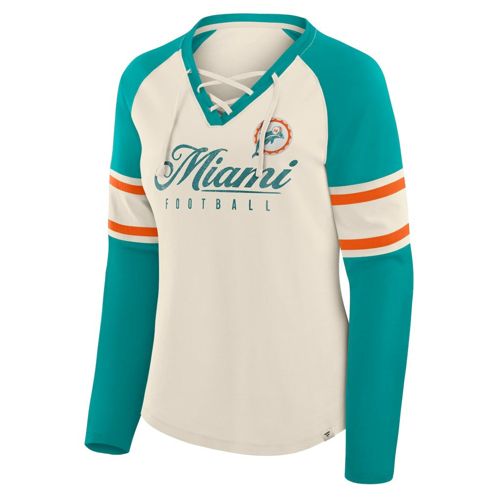 Miami Dolphins Women's Hometown Gridiron Hero Raglan Lace-Up V-Neck Long Sleeve T-Shirt Cream/Aqua - Fanatics
