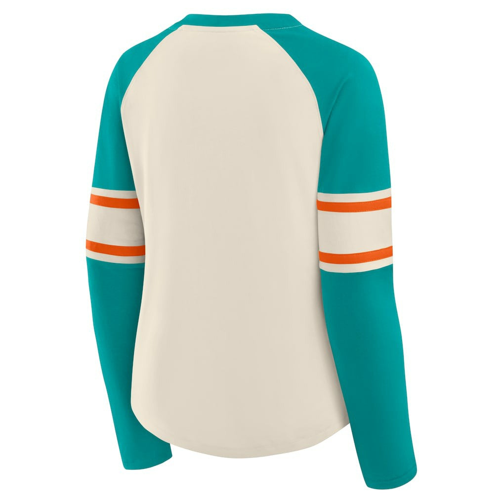 Miami Dolphins Women's Hometown Gridiron Hero Raglan Lace-Up V-Neck Long Sleeve T-Shirt Cream/Aqua - Fanatics
