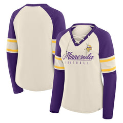 Minnesota Vikings Women's Hometown Gridiron Hero Raglan Lace-Up V-Neck Long Sleeve T-Shirt Cream/Purple - Fanatics