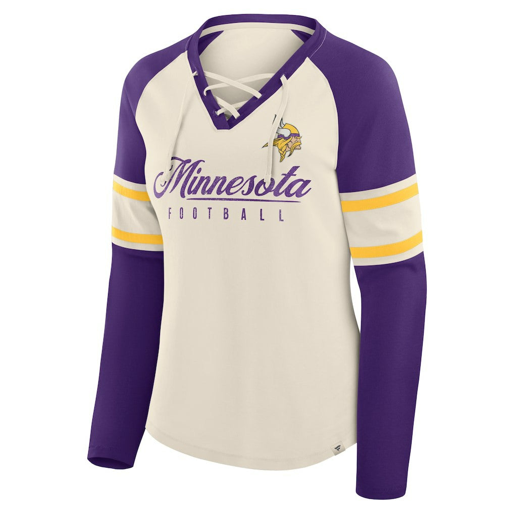 Minnesota Vikings Women's Hometown Gridiron Hero Raglan Lace-Up V-Neck Long Sleeve T-Shirt Cream/Purple - Fanatics