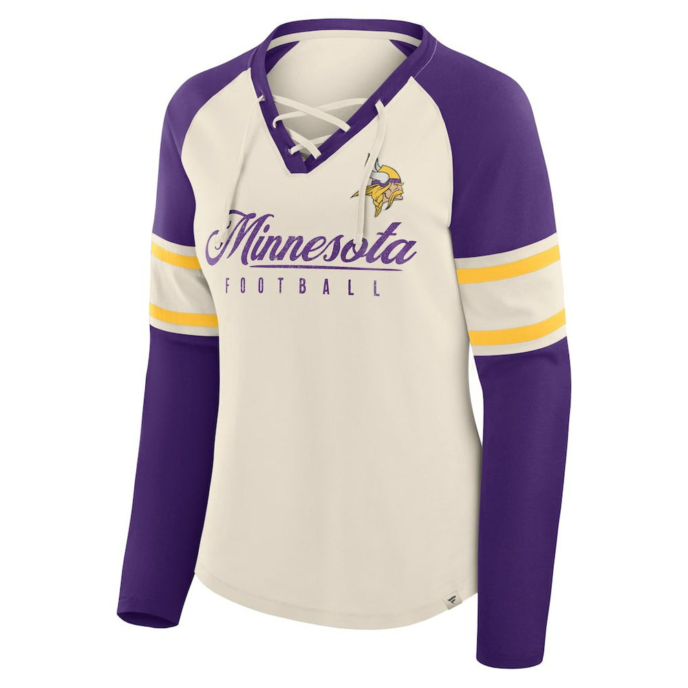 Minnesota Vikings Women's Hometown Gridiron Hero Raglan Lace-Up V-Neck Long Sleeve T-Shirt Cream/Purple - Fanatics