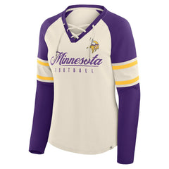 Minnesota Vikings Women's Hometown Gridiron Hero Raglan Lace-Up V-Neck Long Sleeve T-Shirt Cream/Purple - Fanatics