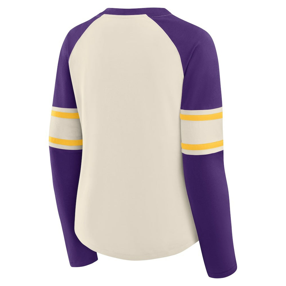 Minnesota Vikings Women's Hometown Gridiron Hero Raglan Lace-Up V-Neck Long Sleeve T-Shirt Cream/Purple - Fanatics