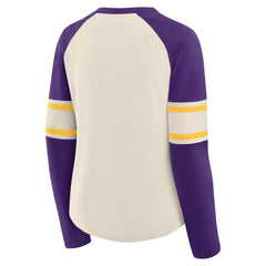 Minnesota Vikings Women's Hometown Gridiron Hero Raglan Lace-Up V-Neck Long Sleeve T-Shirt Cream/Purple - Fanatics