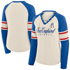 New England Patriots Women's Hometown Gridiron Hero Raglan Lace-Up V-Neck Long Sleeve T-Shirt Cream/Royal - Fanatics