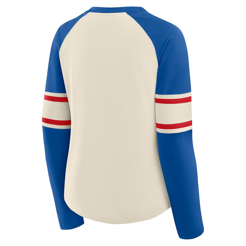 New England Patriots Women's Hometown Gridiron Hero Raglan Lace-Up V-Neck Long Sleeve T-Shirt Cream/Royal - Fanatics