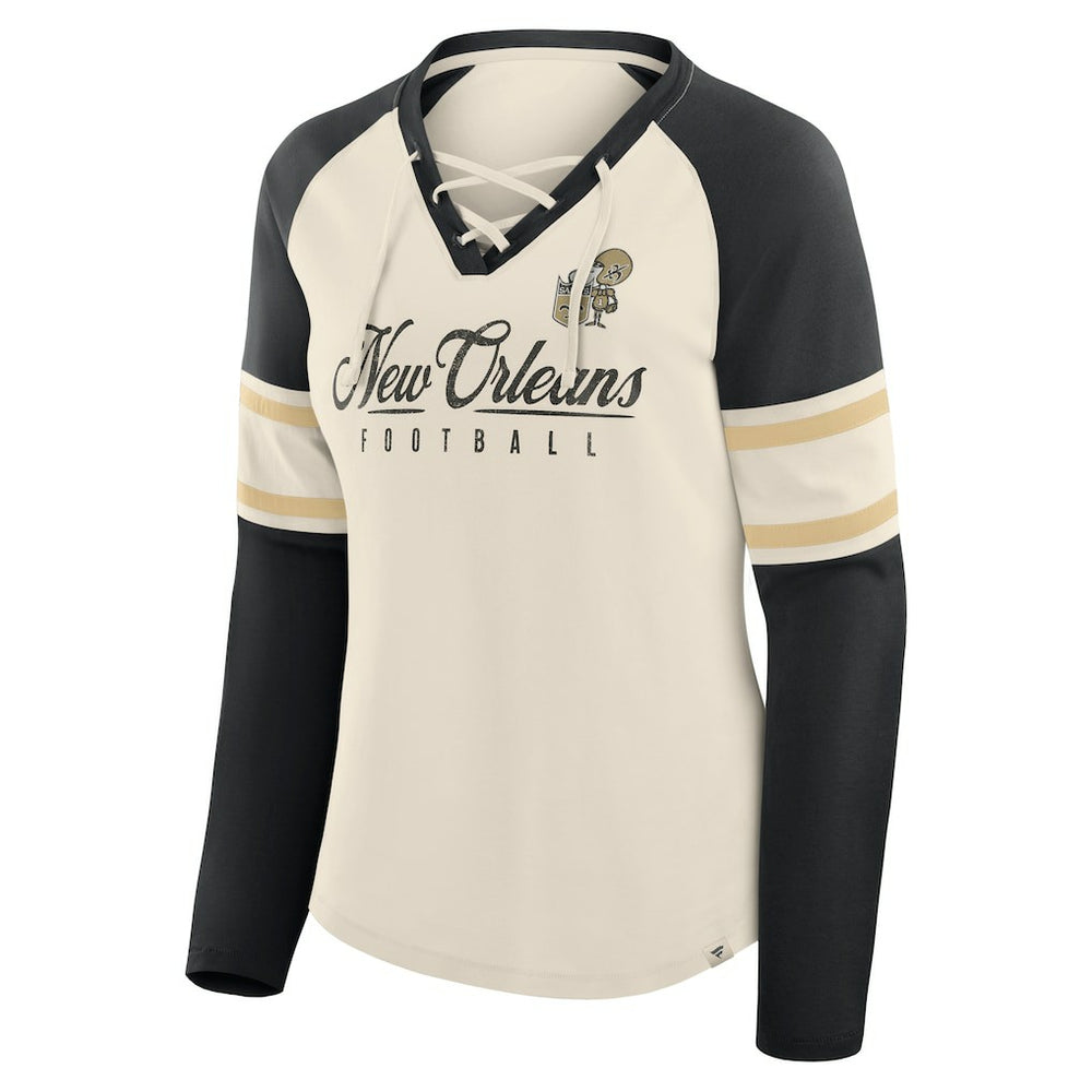 New Orleans Saints Women's Hometown Gridiron Hero Raglan Lace-Up V-Neck Long Sleeve T-Shirt Cream/Black - Fanatics