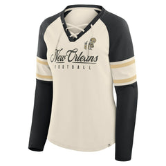 New Orleans Saints Women's Hometown Gridiron Hero Raglan Lace-Up V-Neck Long Sleeve T-Shirt Cream/Black - Fanatics