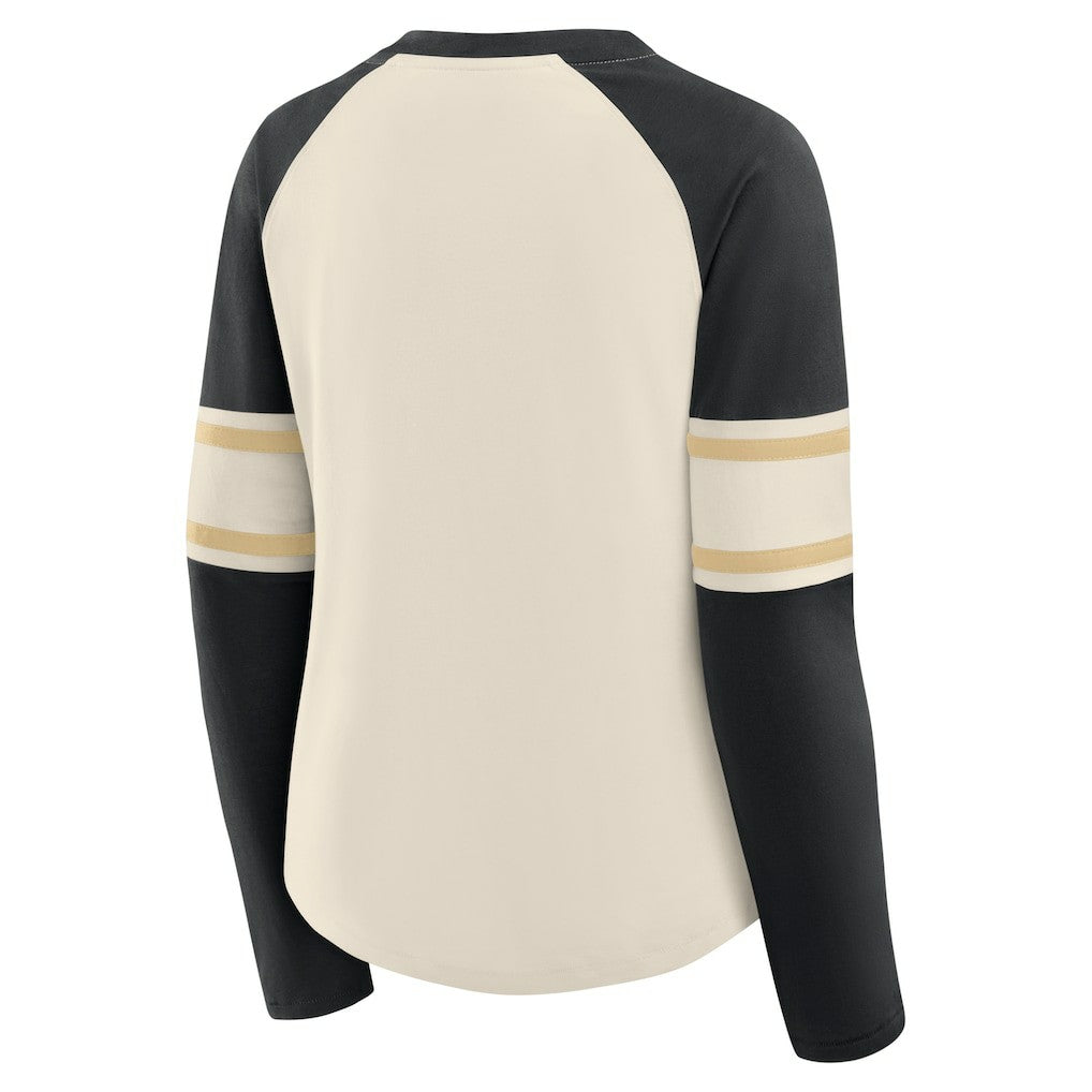 New Orleans Saints Women's Hometown Gridiron Hero Raglan Lace-Up V-Neck Long Sleeve T-Shirt Cream/Black - Fanatics