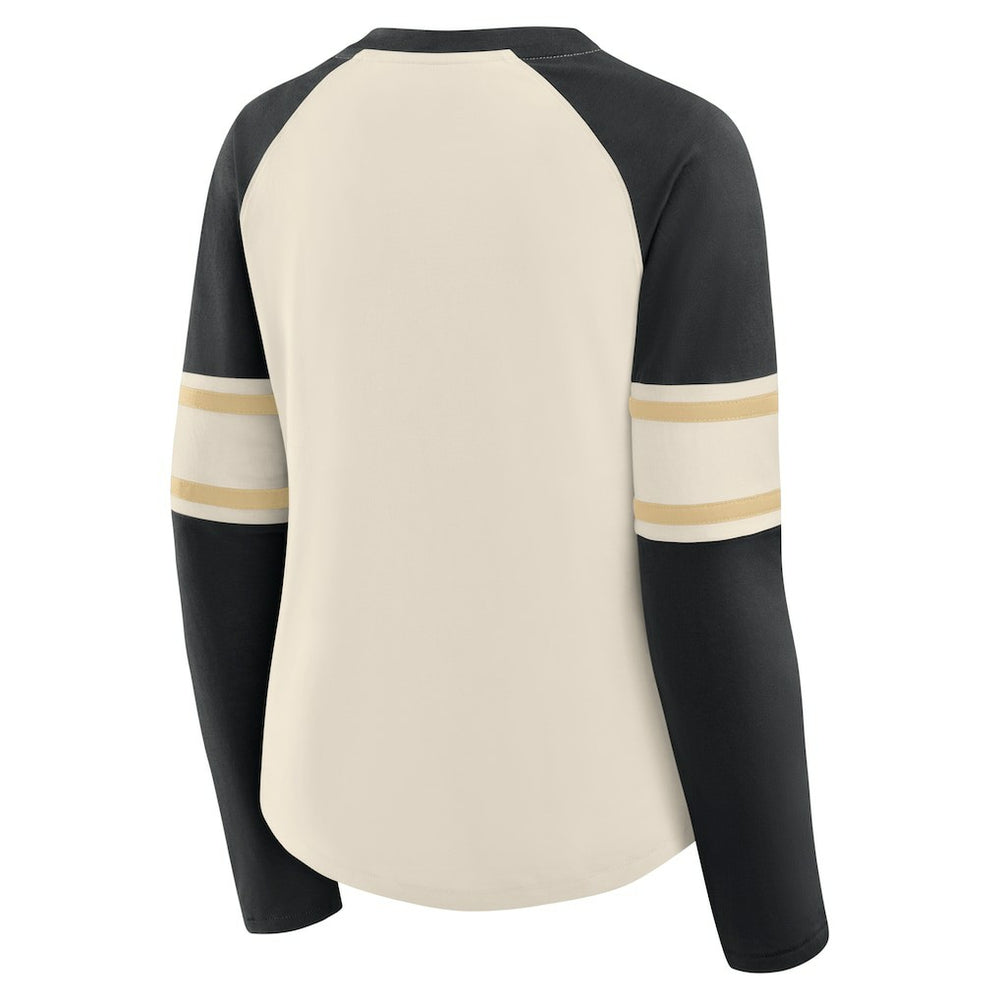 New Orleans Saints Women's Hometown Gridiron Hero Raglan Lace-Up V-Neck Long Sleeve T-Shirt Cream/Black - Fanatics
