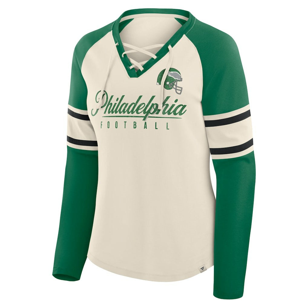 Philadelphia Eagles Women's Hometown Gridiron Hero Raglan Lace-Up V-Neck Long Sleeve T-Shirt Cream/Kelly Green - Fanatics