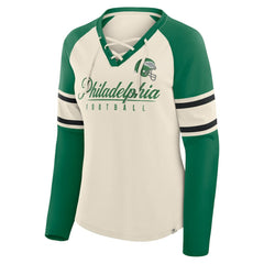 Philadelphia Eagles Women's Hometown Gridiron Hero Raglan Lace-Up V-Neck Long Sleeve T-Shirt Cream/Kelly Green - Fanatics