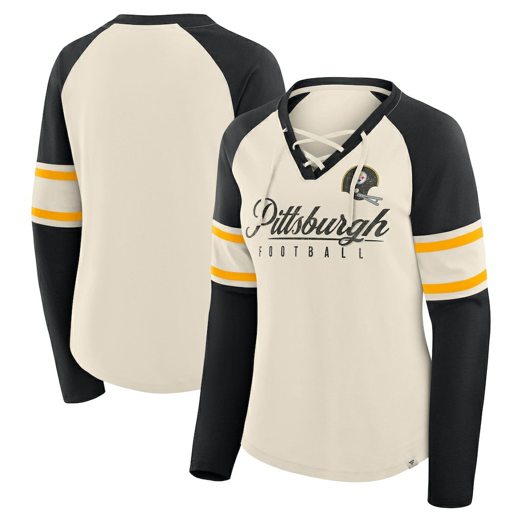 Pittsburgh Steelers Women's Hometown Gridiron Hero Raglan Lace-Up V-Neck Long Sleeve T-Shirt Cream/Black - Fanatics