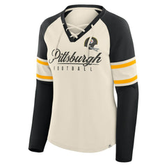 Pittsburgh Steelers Women's Hometown Gridiron Hero Raglan Lace-Up V-Neck Long Sleeve T-Shirt Cream/Black - Fanatics
