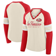 San Francisco 49ers Women's Hometown Gridiron Hero Raglan Lace-Up V-Neck Long Sleeve T-Shirt Cream/Scarlet - Fanatics
