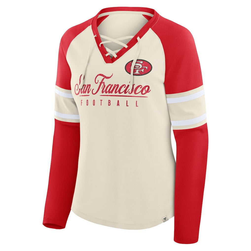 San Francisco 49ers Women's Hometown Gridiron Hero Raglan Lace-Up V-Neck Long Sleeve T-Shirt Cream/Scarlet - Fanatics