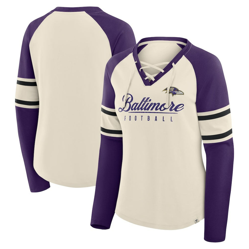 Baltimore Ravens Women's Hometown Gridiron Hero Raglan Lace-Up V-Neck Long Sleeve T-Shirt Cream/Purple - Fanatics