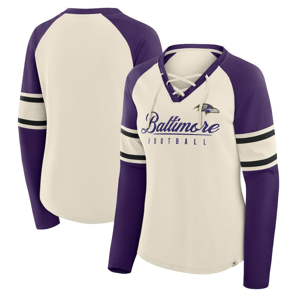 Baltimore Ravens Women's Hometown Gridiron Hero Raglan Lace-Up V-Neck Long Sleeve T-Shirt Cream/Purple - Fanatics
