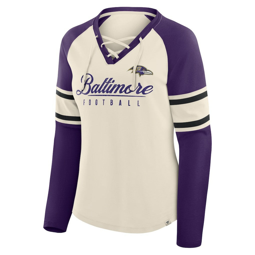 Baltimore Ravens Women's Hometown Gridiron Hero Raglan Lace-Up V-Neck Long Sleeve T-Shirt Cream/Purple - Fanatics