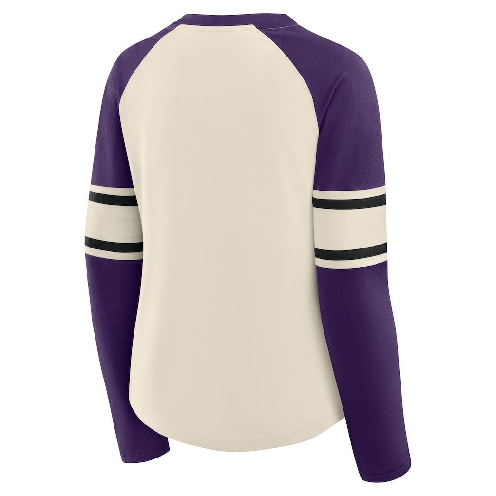 Baltimore Ravens Women's Hometown Gridiron Hero Raglan Lace-Up V-Neck Long Sleeve T-Shirt Cream/Purple - Fanatics