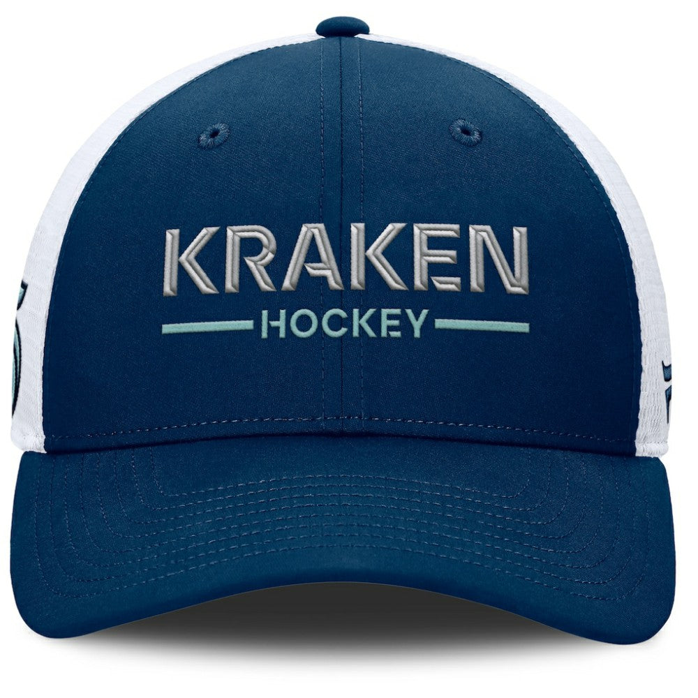 Seattle Kraken Fanatics Authentic Pro Rink Lockup Adjustable Trucker Hat Deep Sea Blue/White