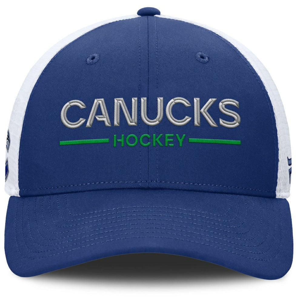 Vancouver Canucks - Fanatics Authentic Pro Rink Lockup Adjustable Trucker Hat Blue/White