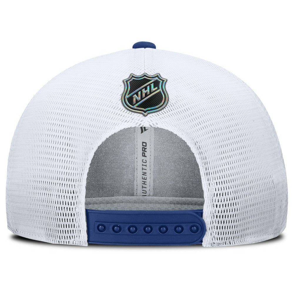 Vancouver Canucks - Fanatics Authentic Pro Rink Lockup Adjustable Trucker Hat Blue/White