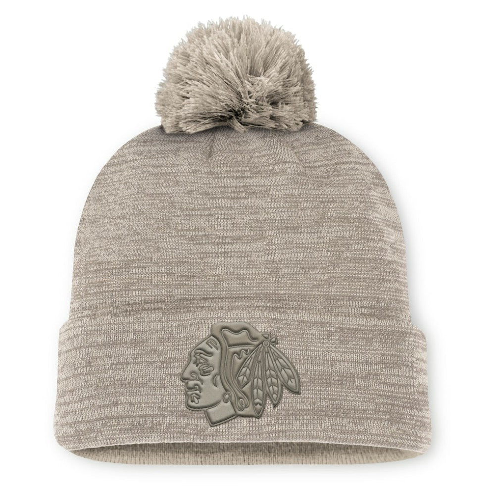 Chicago Blackhawks Fanatics Authentic Pro Road Cuffed Knit Hat with Pom Tan