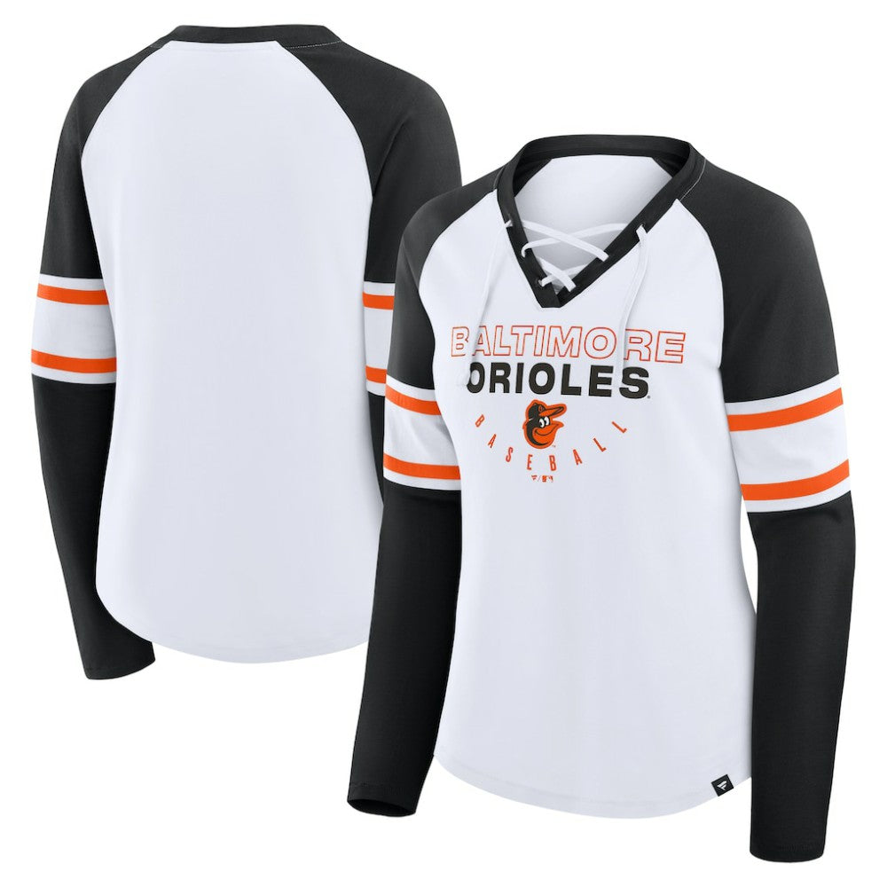 Baltimore Orioles Fanatics Women's Blitz Package Raglan Lace-Up V-Neck Long Sleeve T-Shirt Clearance