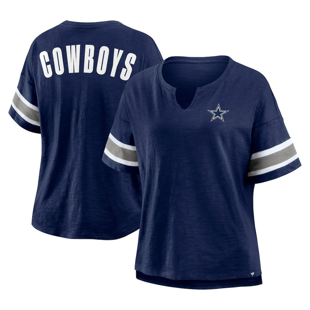 Dallas Cowboys Women's Redzone Bling Stripe Sleeve Notch Neck T-Shirt Navy - Fanatics