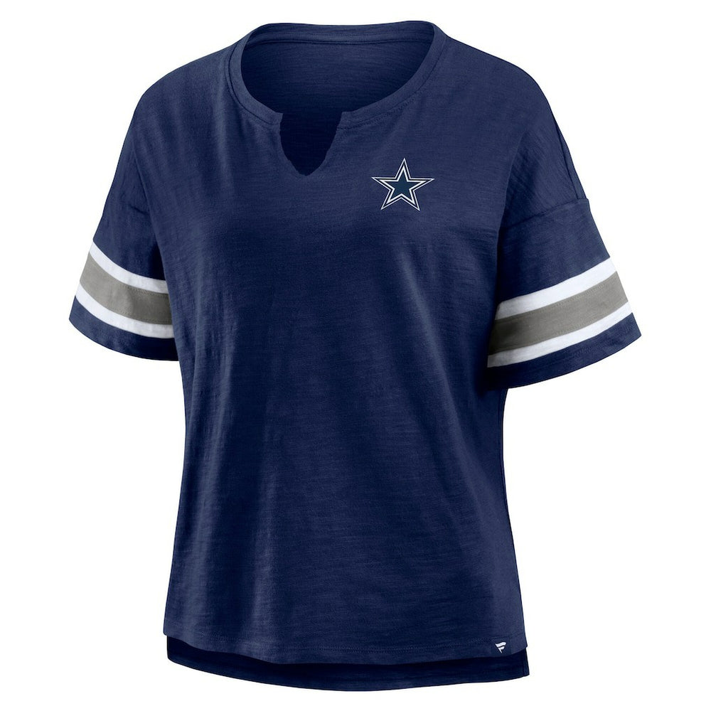 Dallas Cowboys Women's Redzone Bling Stripe Sleeve Notch Neck T-Shirt Navy - Fanatics