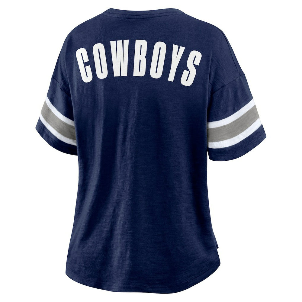 Dallas Cowboys Women's Redzone Bling Stripe Sleeve Notch Neck T-Shirt Navy - Fanatics