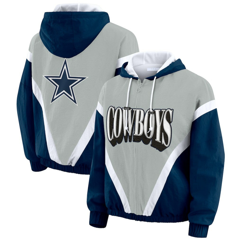 Dallas Cowboys WEAR by Erin Andrews Women's Plus Size Retro Crinkle Full-Zip Hoodie Windbreaker Jacket Navy/Gray - NFL