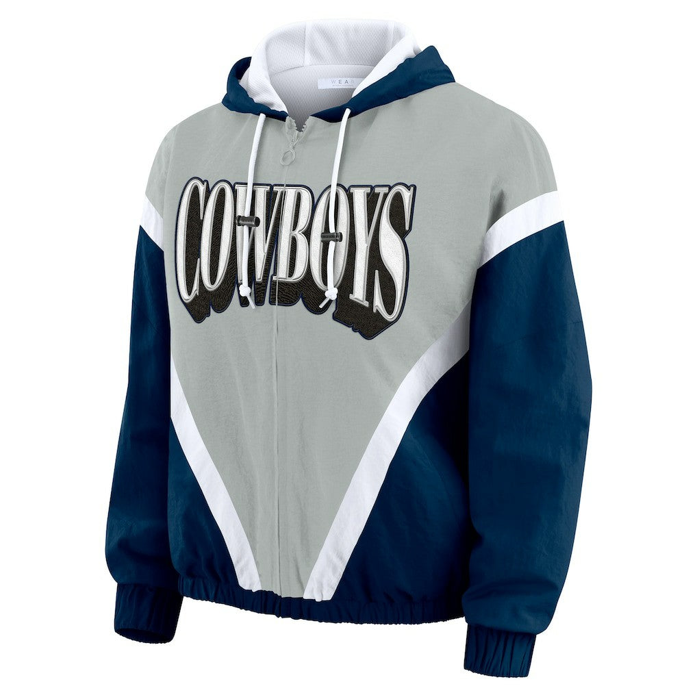 Dallas Cowboys WEAR by Erin Andrews Women's Plus Size Retro Crinkle Full-Zip Hoodie Windbreaker Jacket Navy/Gray - NFL
