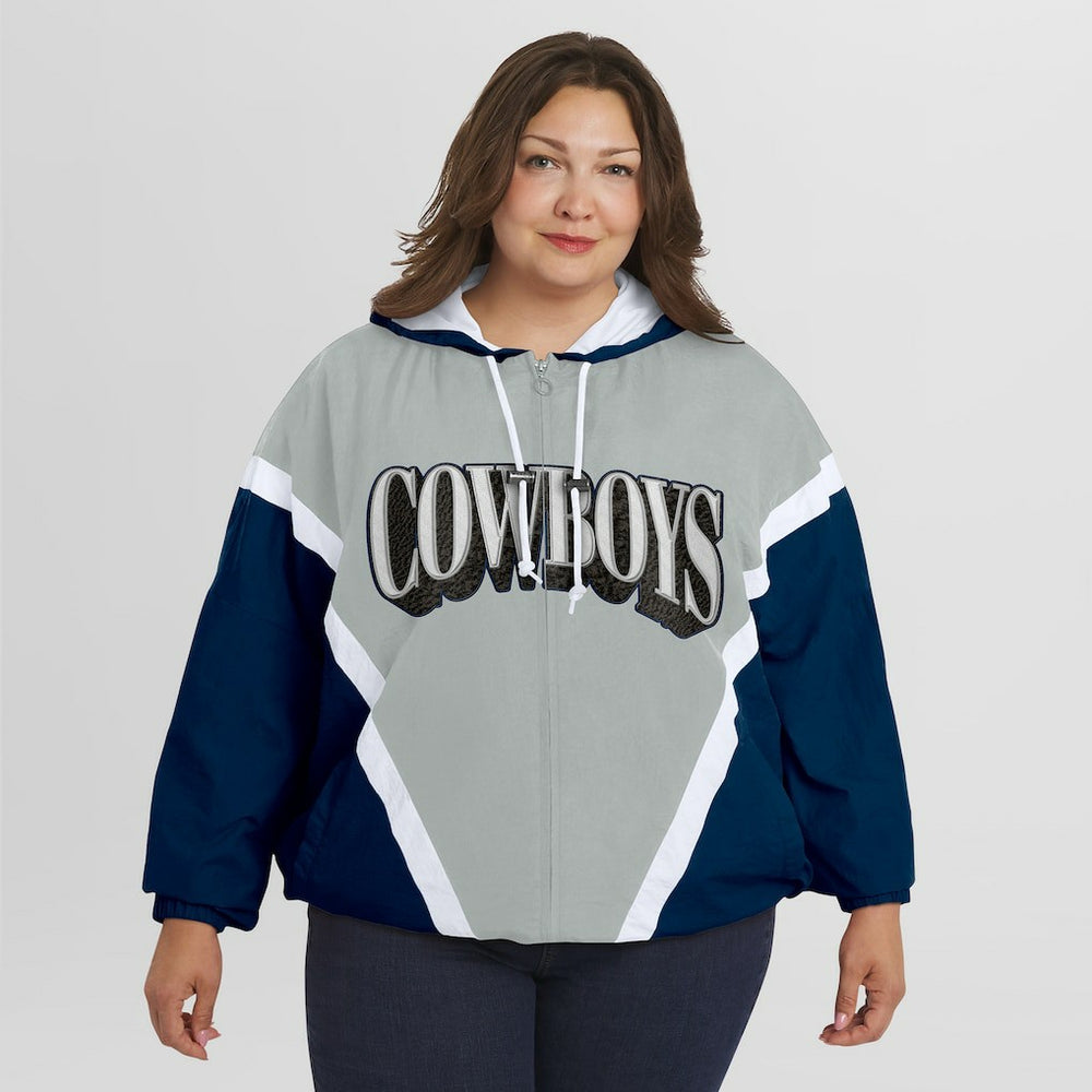 Dallas Cowboys WEAR by Erin Andrews Women's Plus Size Retro Crinkle Full-Zip Hoodie Windbreaker Jacket Navy/Gray - NFL