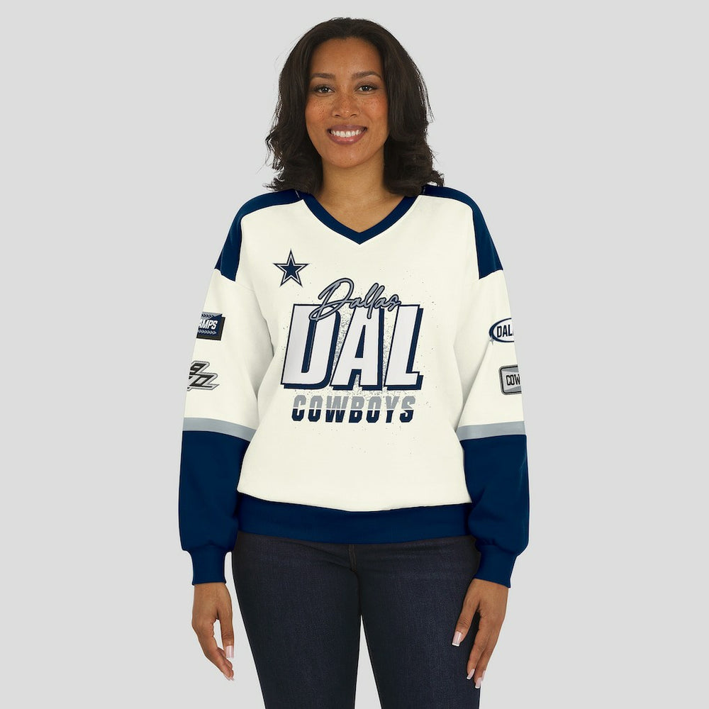 Dallas Cowboys WEAR by Erin Andrews Women's Racing Crew V-Neck Sweatshirt Cream - NFL