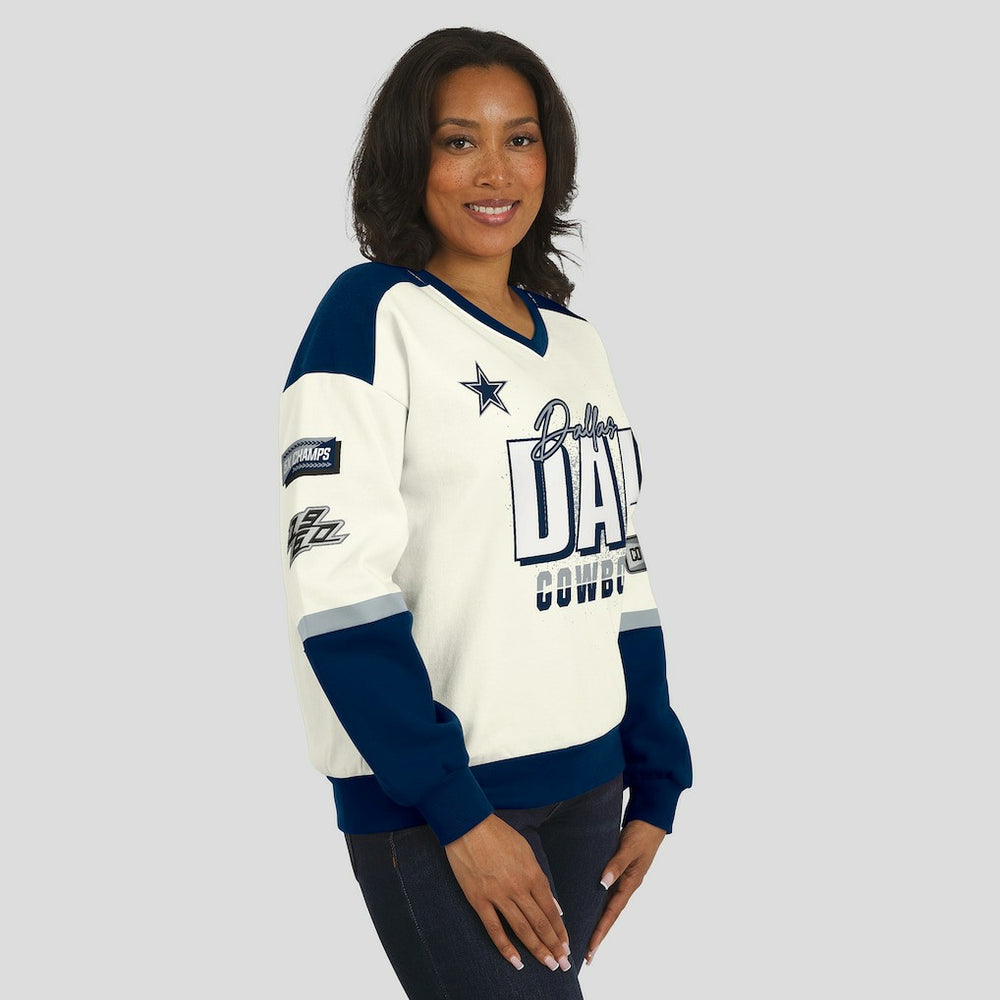 Dallas Cowboys WEAR by Erin Andrews Women's Racing Crew V-Neck Sweatshirt Cream - NFL