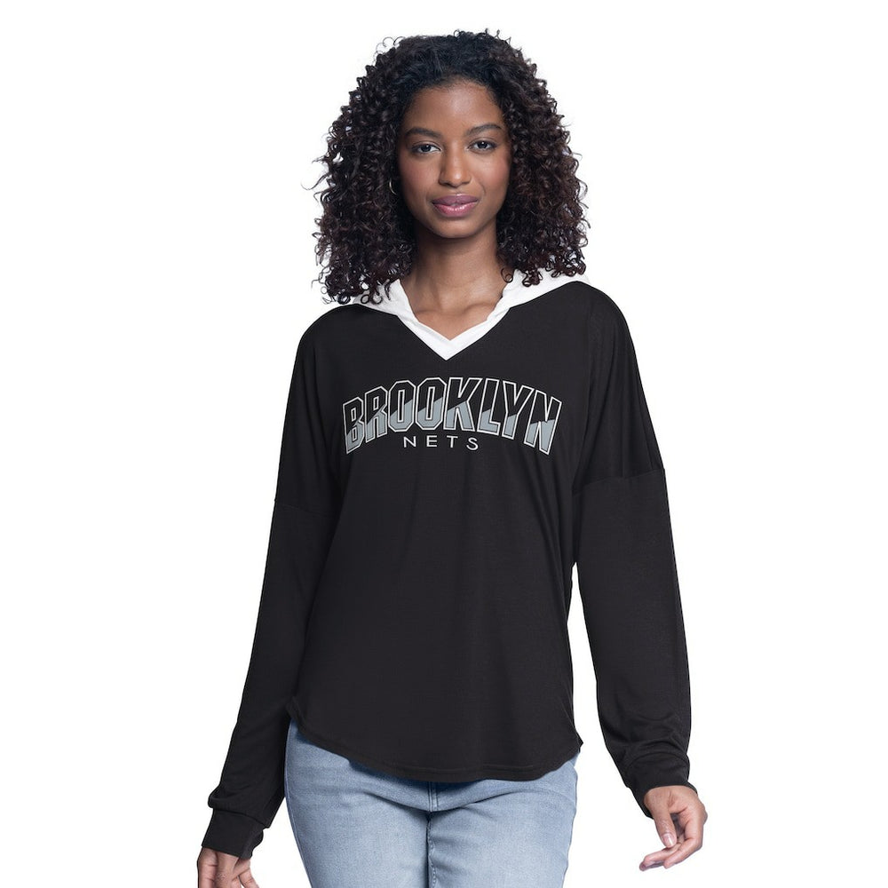 NBA - Brooklyn Nets G-III 4Her by Carl Banks Women's Bench Player Oversized Long Sleeve Hooded Top - Black