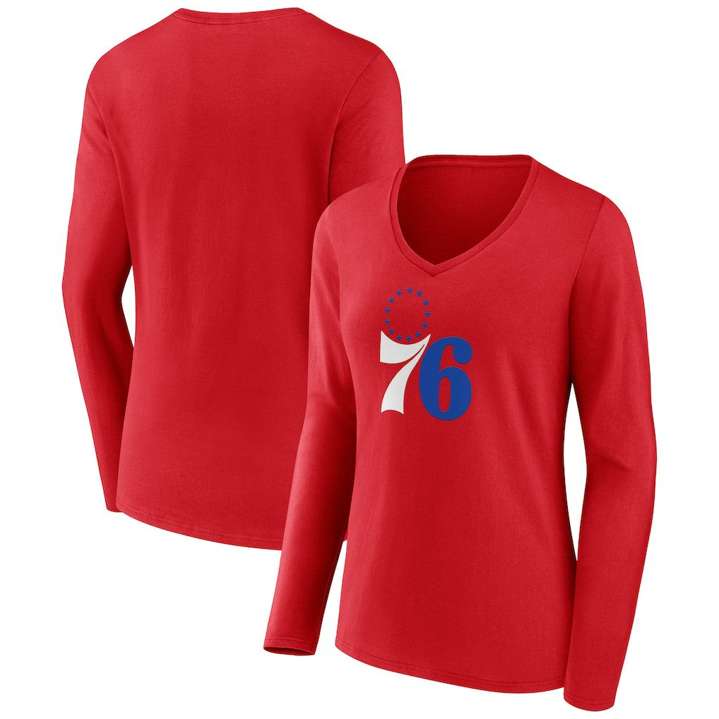 NBA - Philadelphia 76ers Women's Primary Logo Long Sleeve V-Neck T-Shirt - Red