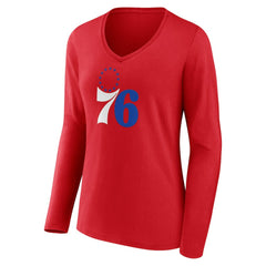 NBA - Philadelphia 76ers Women's Primary Logo Long Sleeve V-Neck T-Shirt - Red