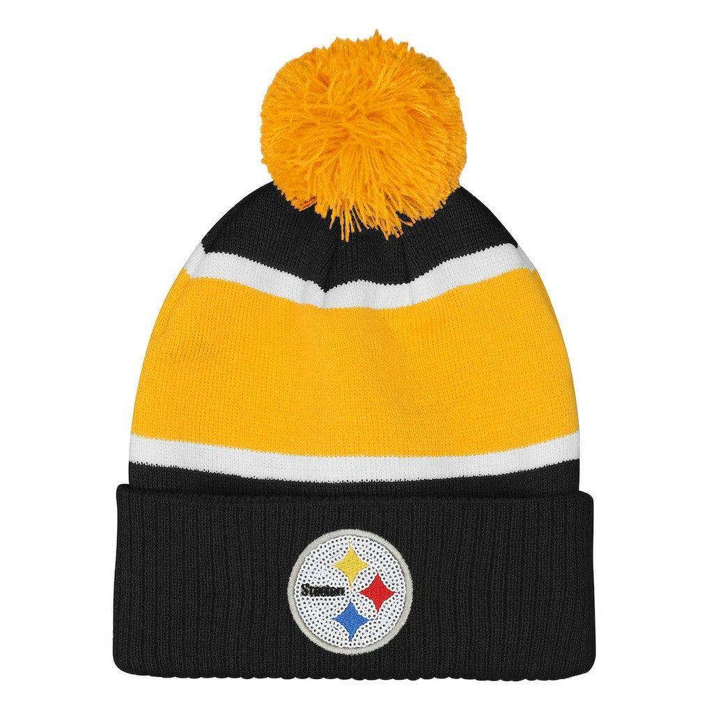 Pittsburgh Steelers Outerstuff Girls Let's Play Cuffed Knit Hat with Pom Black - NFL