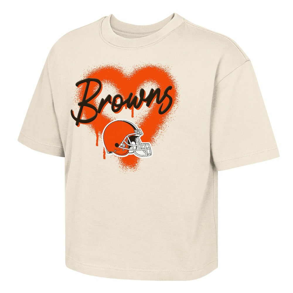 Cleveland Browns Outerstuff Girl's Youth Spray Heart Boxy T-Shirt Cream - NFL