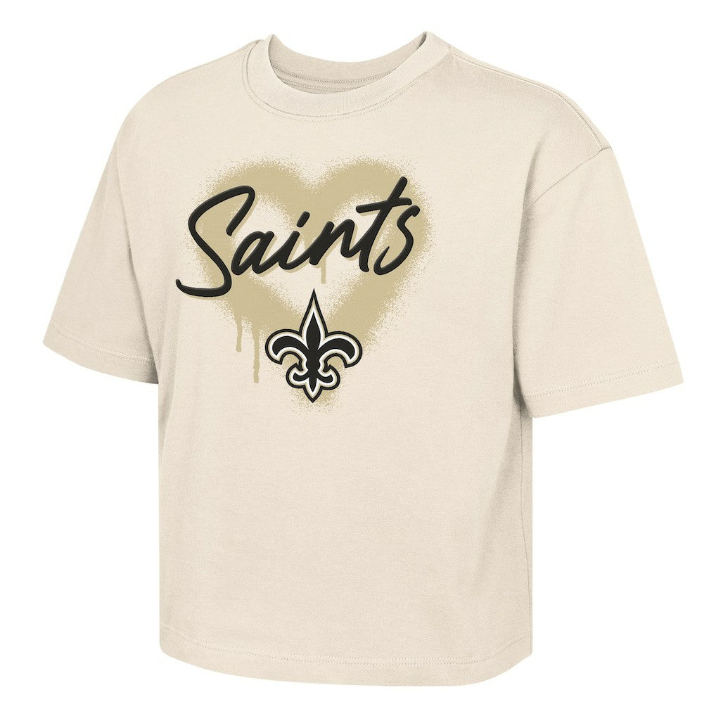 New Orleans Saints Outerstuff Girl's Youth Spray Heart Boxy T-Shirt Cream - NFL