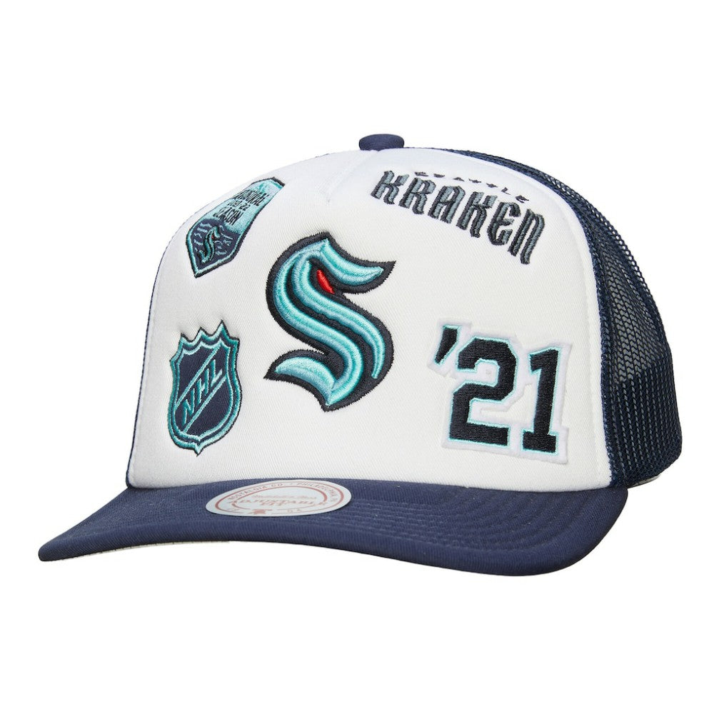 Seattle Kraken Mitchell & Ness Gridlock Trucker Adjustable Hat White/Deep Sea Blue